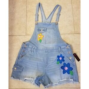 No Boundaries Women Shortalls Embroidered Denim Bib Overalls Shorts XXL (19) NEW